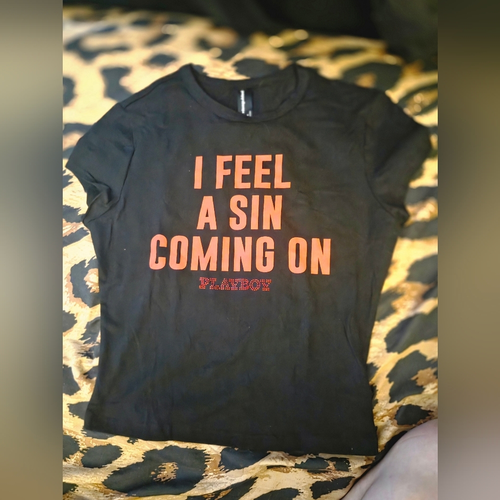 PLAYBOY Black Short Sleeve Tee with Red Graphic Text